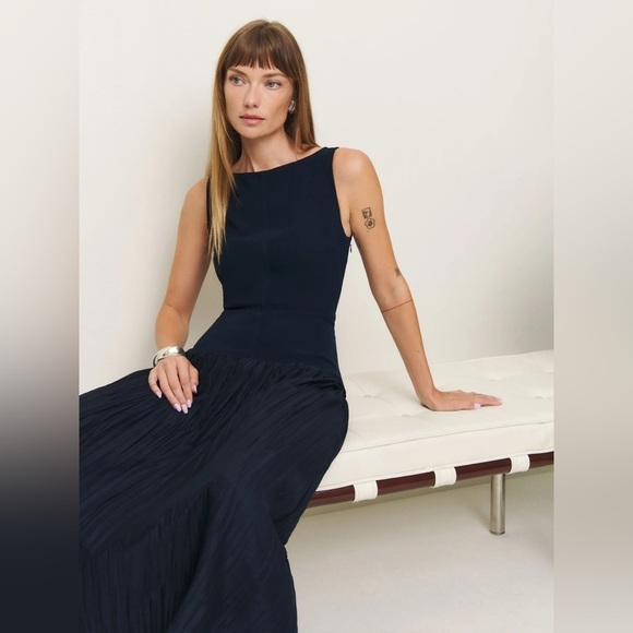 NEW Reformation Cyra Drop Waist Dress Midnight Navy Blue | US 2 UK 4 - Picture 6 of 15